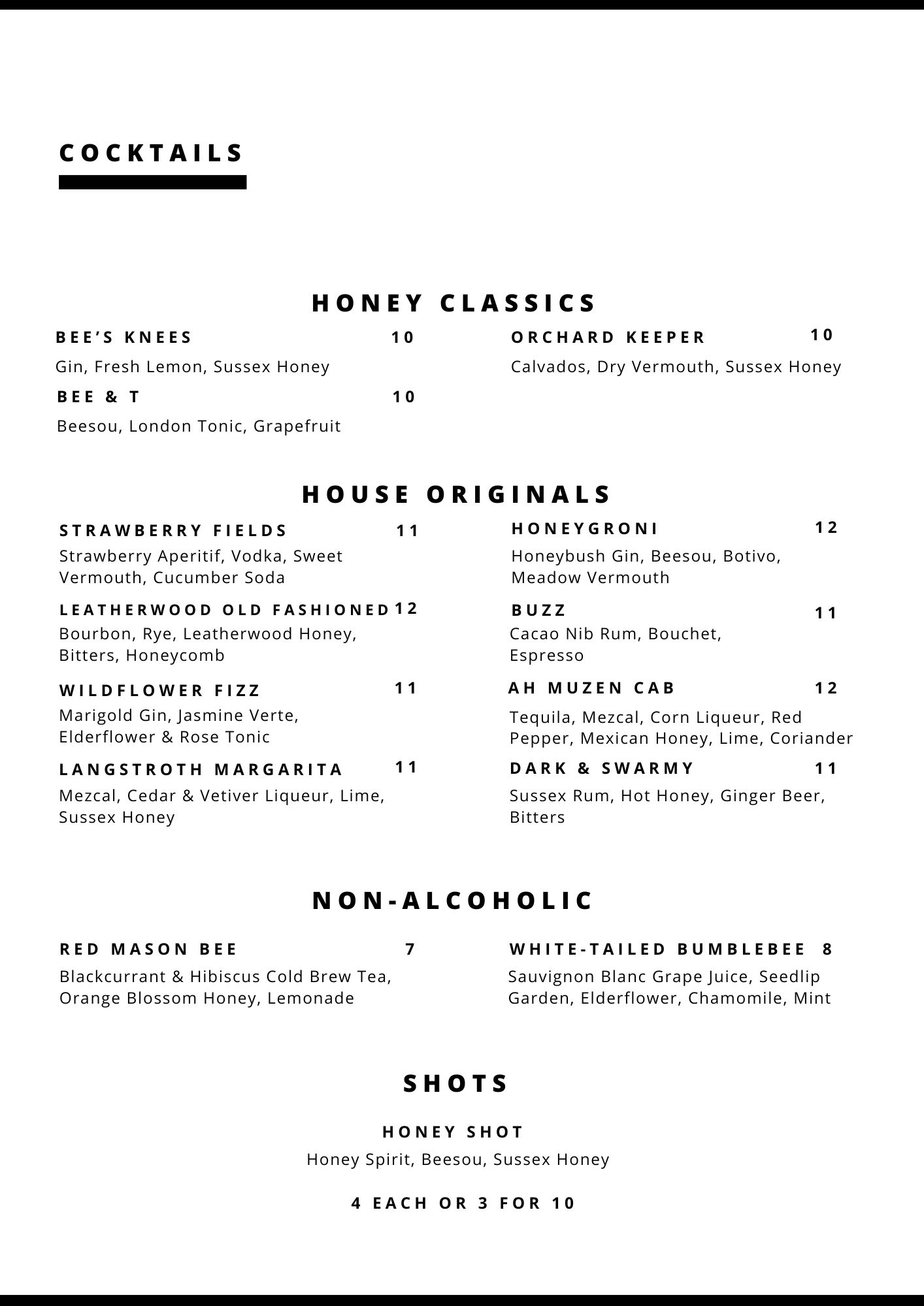 Apiary Cocktail Menu Summer 2024