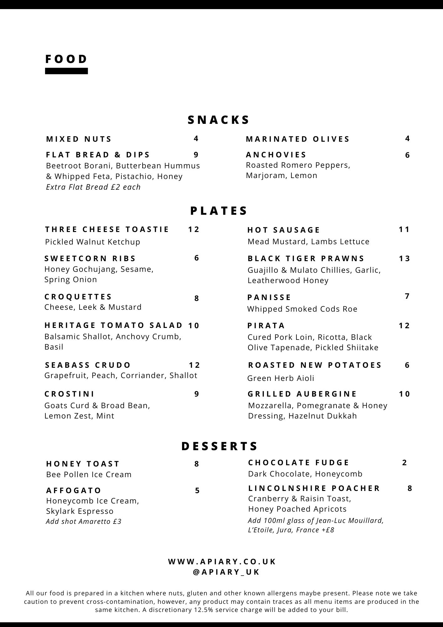 Apiary Food menu August 2024