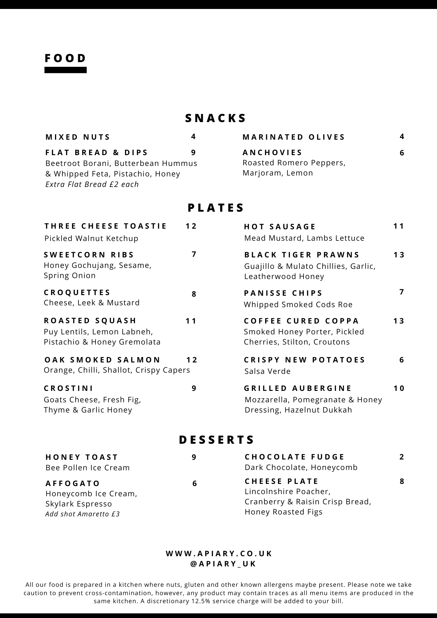 Apiary Food Menu