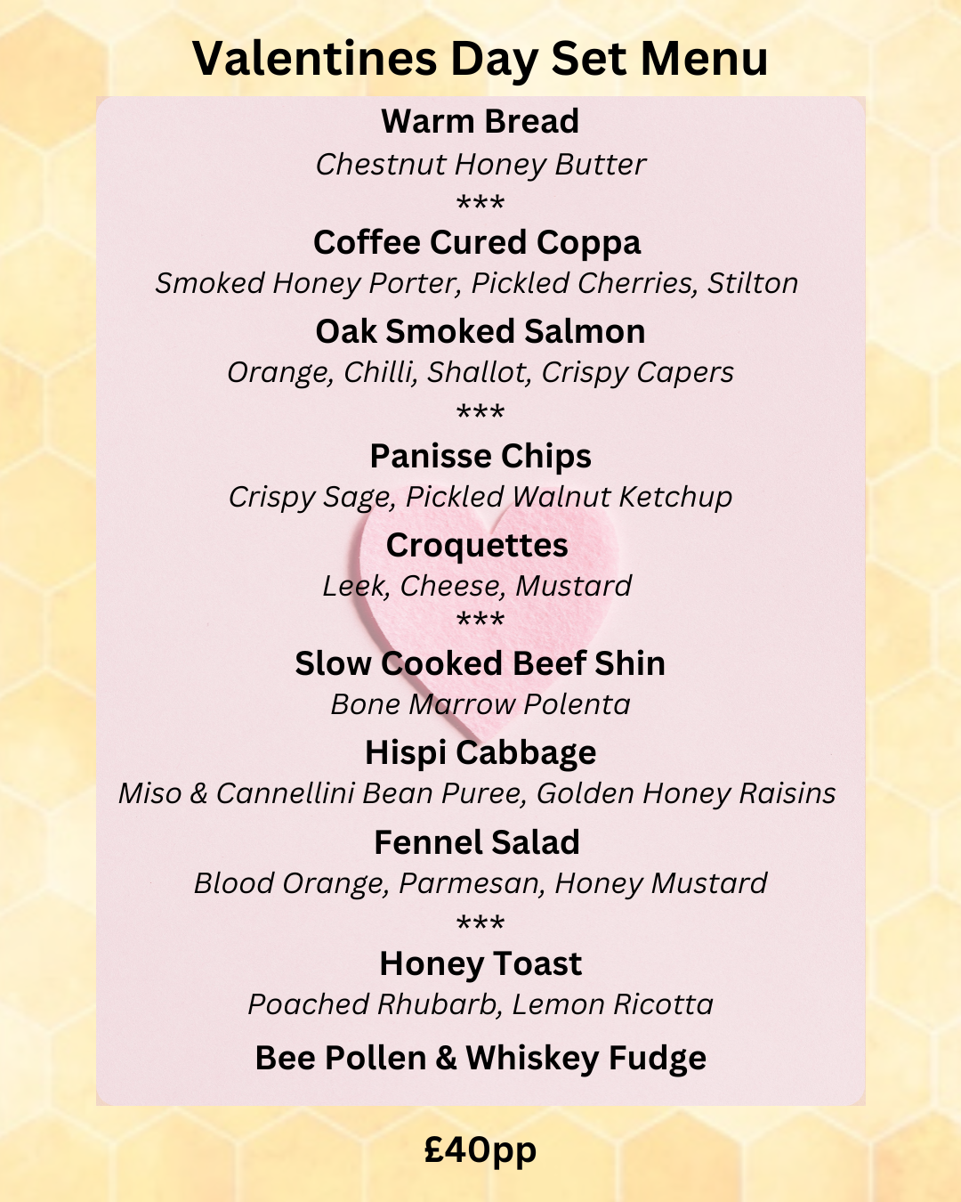 Valentines Day Menu - Apiary