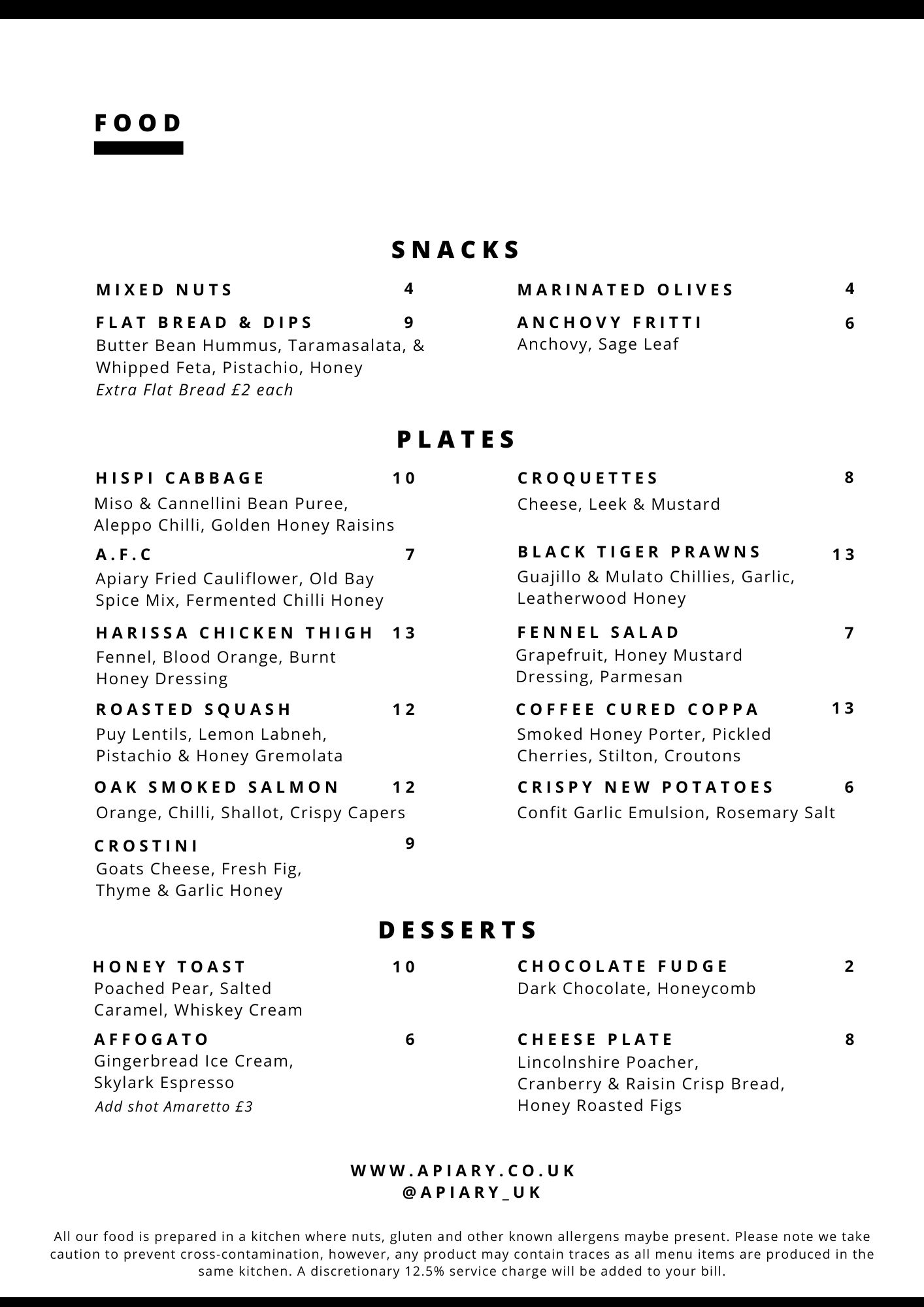 Apiary Food Menu