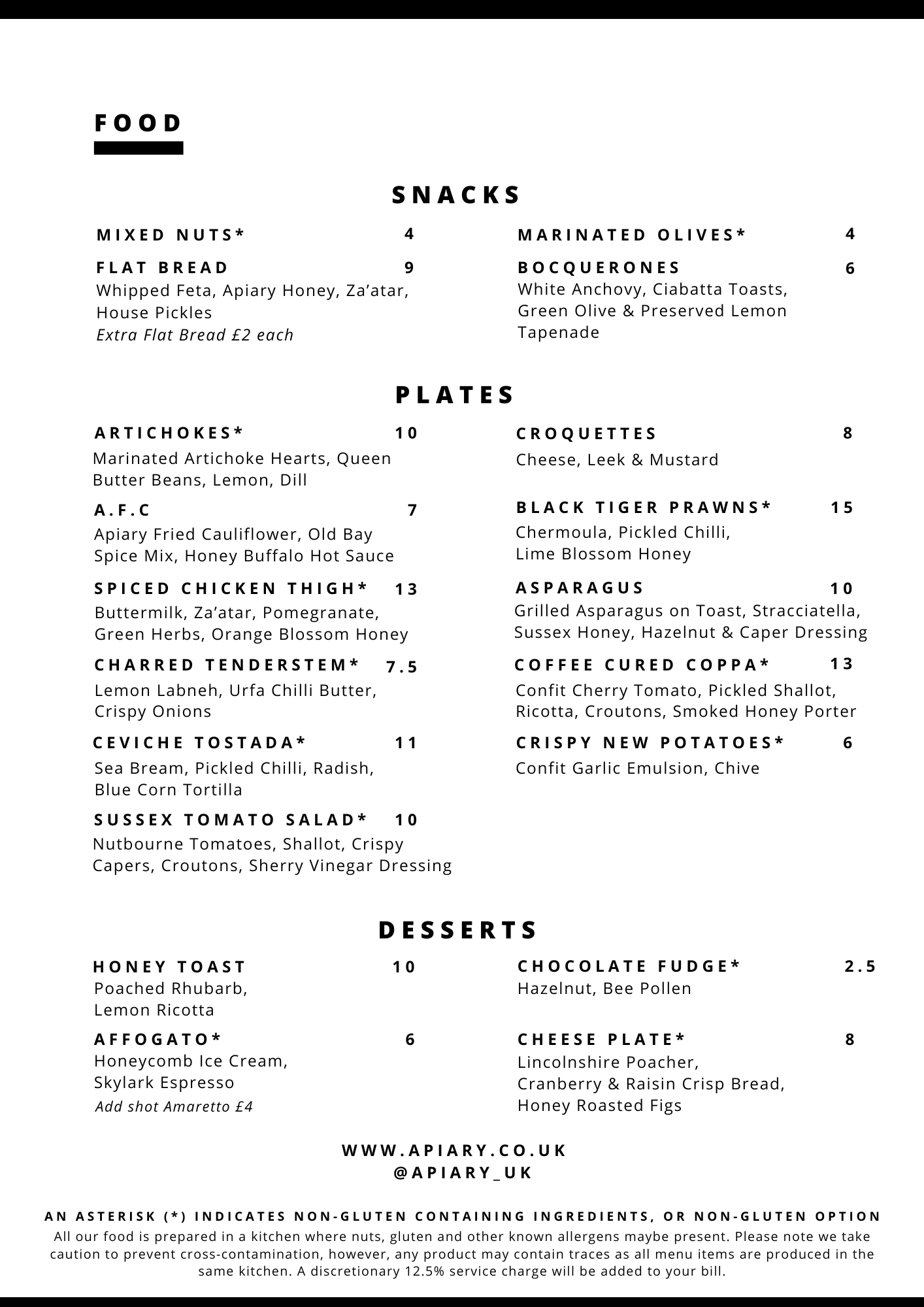 Apiary June Food Menu