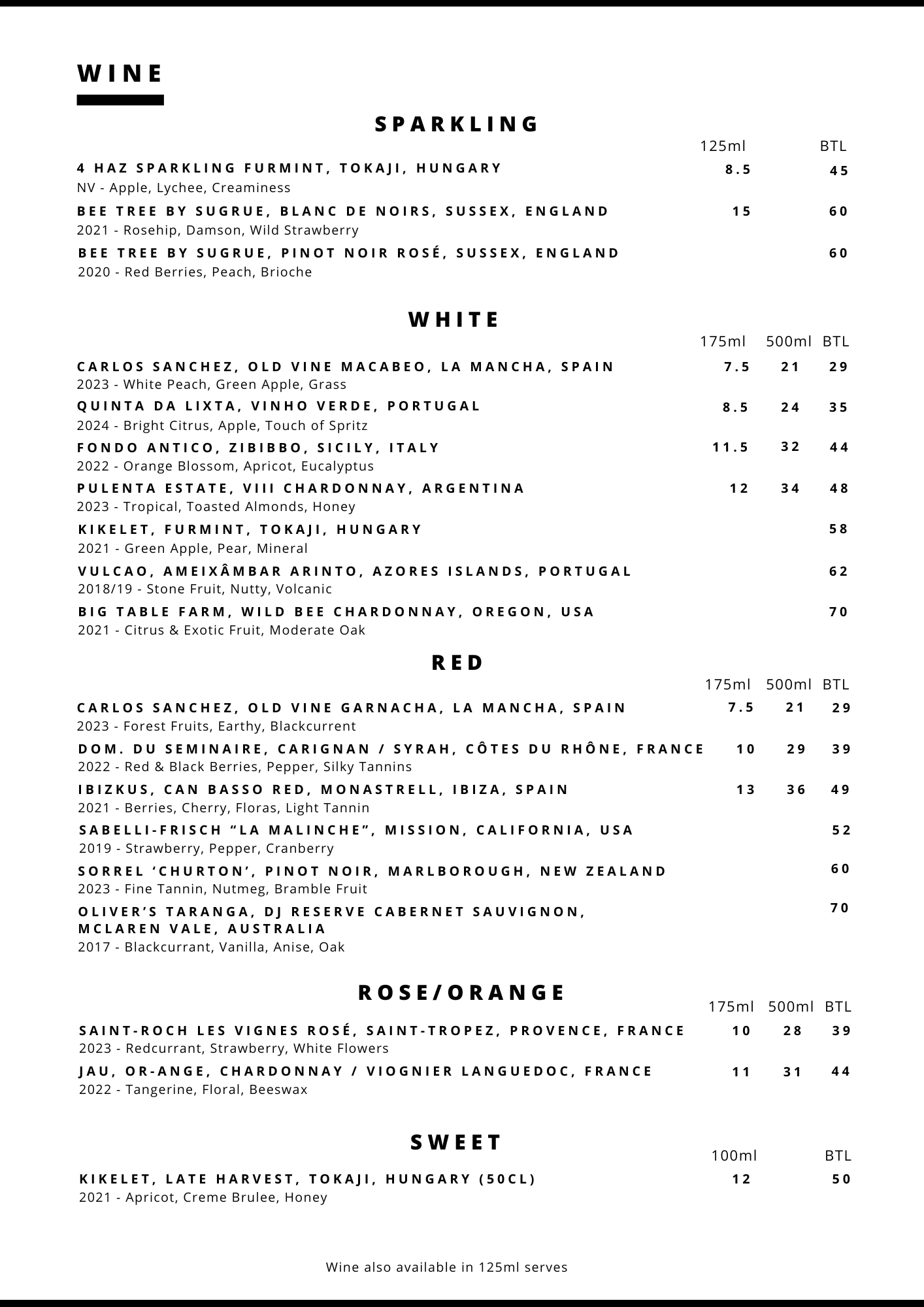 Apiary Summer Wine List